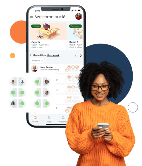 Woman booking desk on her phone Woman booking desk on her phone
